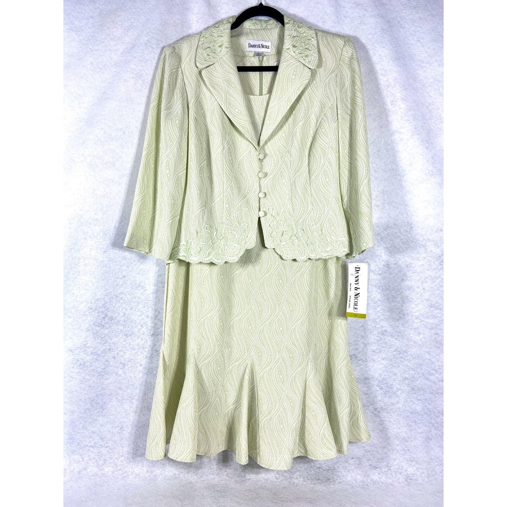 Danny & Nicole  2PC Dress Suit Women's 14 Green Quilted Embroidered New